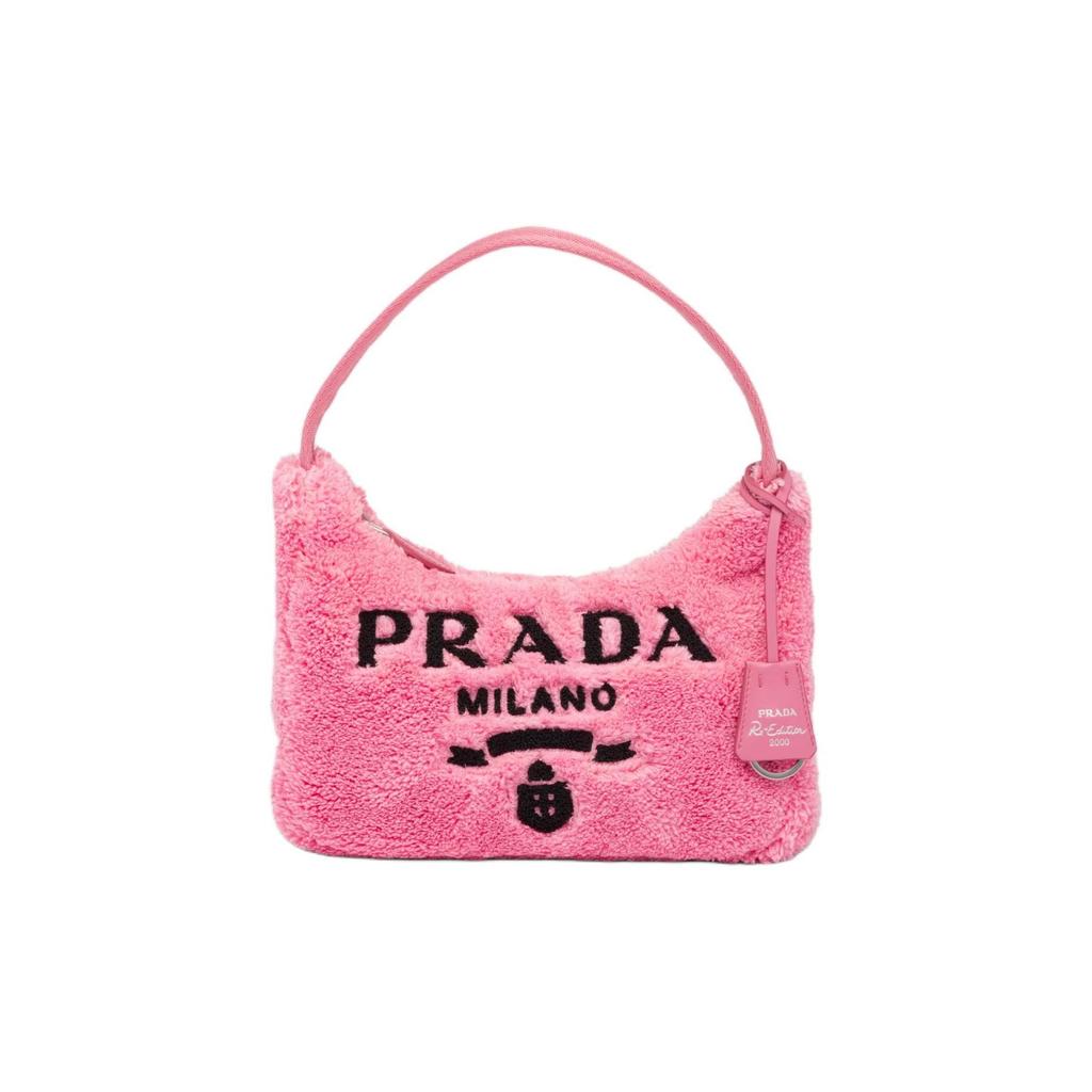 Prada Переиздание 2000 Вышитый логотип и эмалированный треугольный логотип Мягкая махровая ткань Сумка-хобо Женские сумки Розовый 1NE515_2DXO_F046J