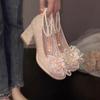 Chunky Heel Shoes Summer New Round Head Shallow Mouth Beaded Butterfly Knot Sequin Anti-slip Wear-resistant High Heels