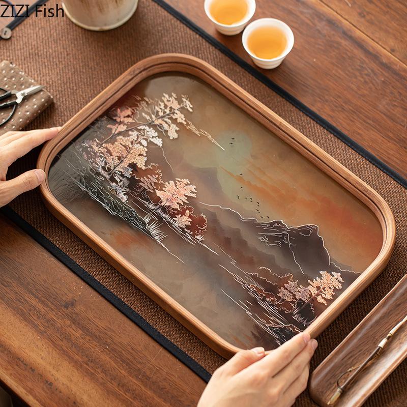 Поднос для чая из бамбукового стекла с китайским ретро-чайником и подставкой для хранения чашек. Креативные аксессуары для чайной церемонии.