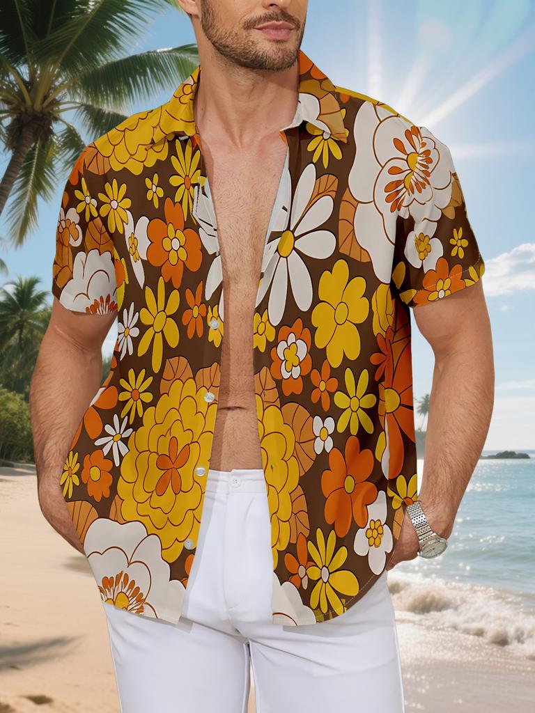 New Men's Casual Short-Sleeve Shirt with Warm-Toned Vintage Floral Cluster, Full of Autumn Vibes, Versatile Casual Top for Festivals, Parties, and