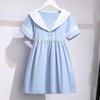 Летнее платье с темно-синим воротником для девочек - платье принцессы в корейском стиле для детей, средних и больших размеров