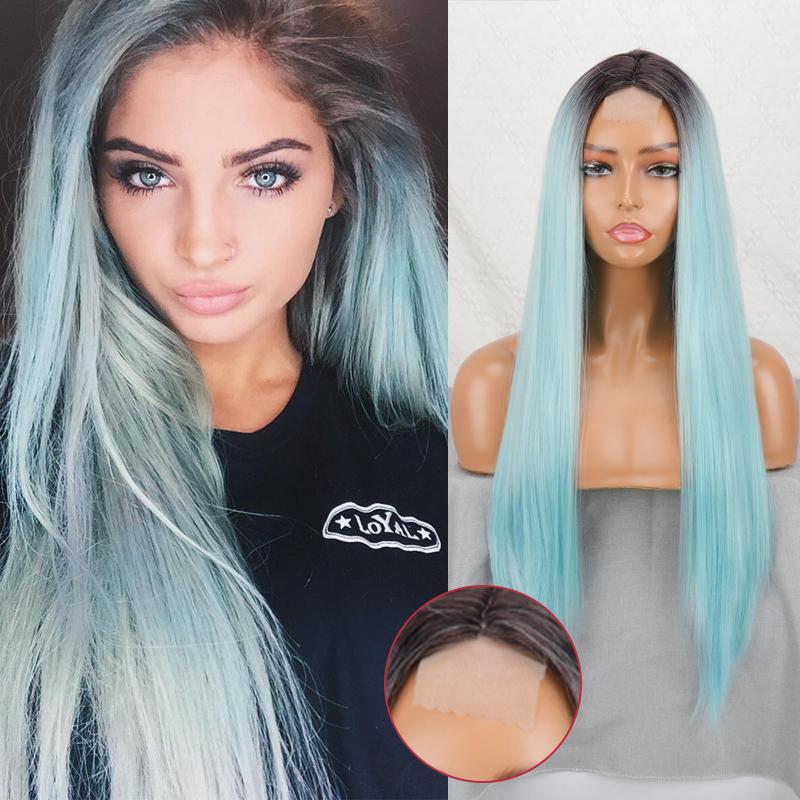 MISS WIG Длинный прямой парик без челки Золотисто-белый цвет Парик фронта шнурка Синтетическое волокно Повседневная одежда Длинный прямой парик