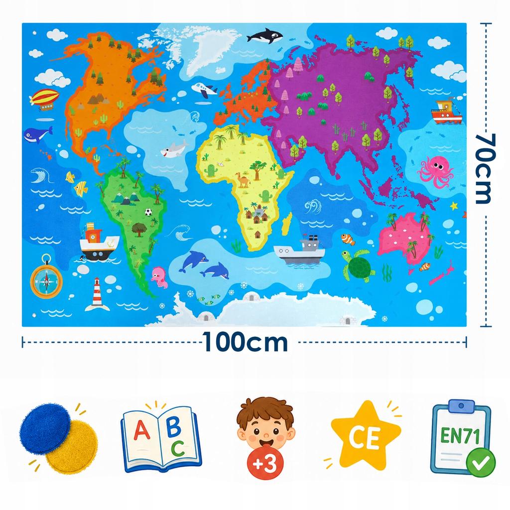 [PACZA] Tourist map of the world, continents, felt, Velcro, 100x70cm Z3491
