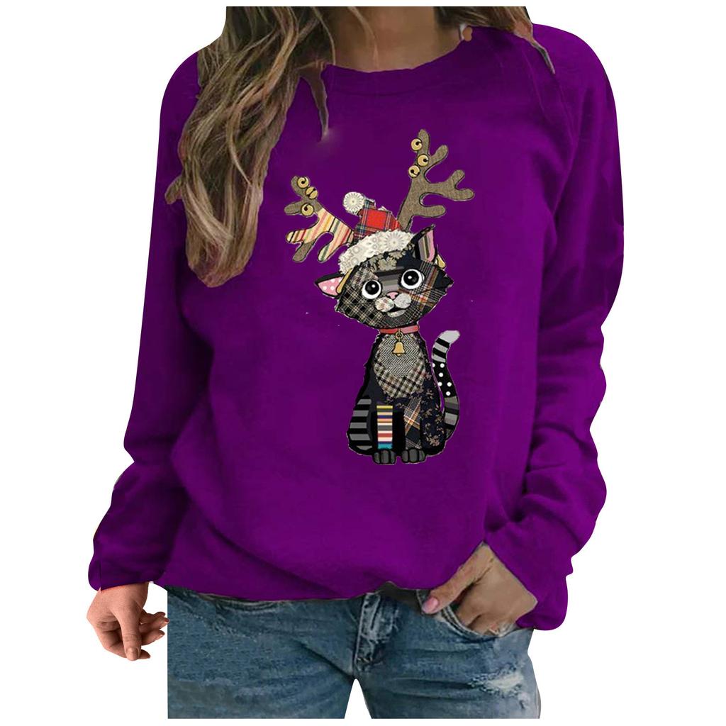 Women's Cat Print Sweater Long Sleeve Top wTWomen's Clothing