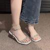 Fashion Square Toe Female Sandal High Heels Women's Shoes Silver Buckle Strap 2025 Summer Girls High-heeled Open New Rhinestone