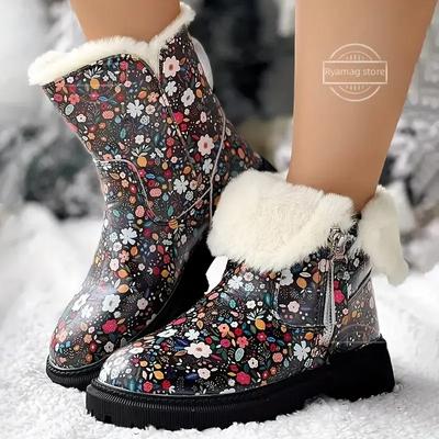Ботинки женские с цветочным узором пушистые с боковой молнией зимние женские зимние бархатные туфли ботильоны теплые хлопковые туфли новые Bottine Femme