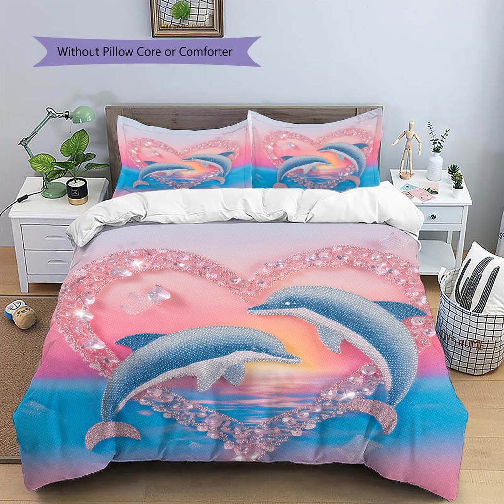 Мультяшная цветная дельфиновая постельное белье Домашний декор Подарок на день рождения (1 пододеяльник + 2 наволочки, без наполнителя)