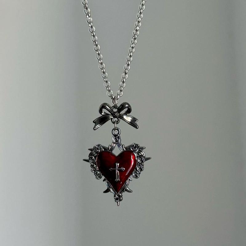 Y2K Bow Cross Heart Necklace For Girls Gothic Jewelry Vintage Accessories Rose Goth Collares Chain For Women Man Punk Necklace
