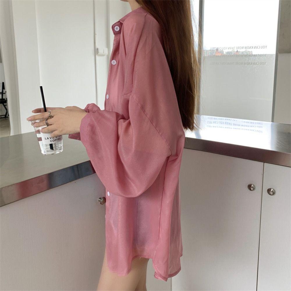 Chiffon Women Shirt Blouse Solid Color Female Loose Cardigan Casual Long Sleeve Top