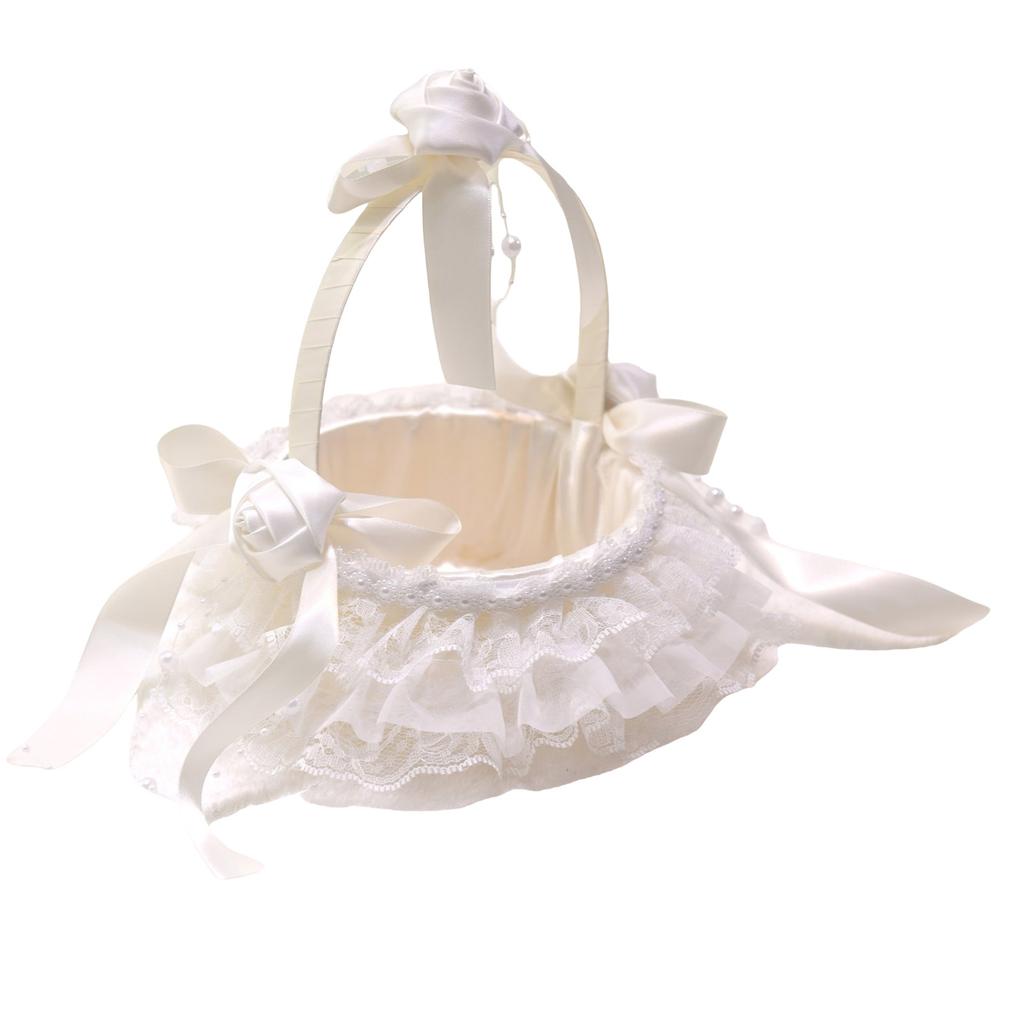 Lace Ruffles Wedding Baskets Bowknot Flower Baskets for Wedding Ceremony Wedding Flower Girl Basket with Flower Handle