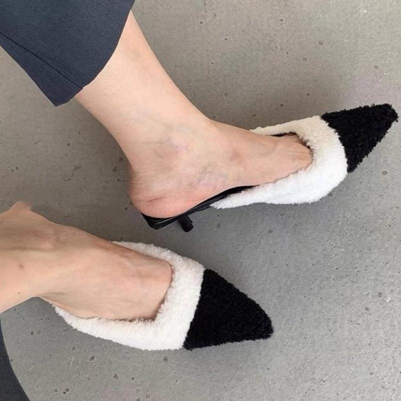 Women High Heels Fur Slippers Home Cotton Shoes Winter Plush Warm Pointed Toe Shoes 2025 Trend Casual Flip Flops Zapatos Mujer