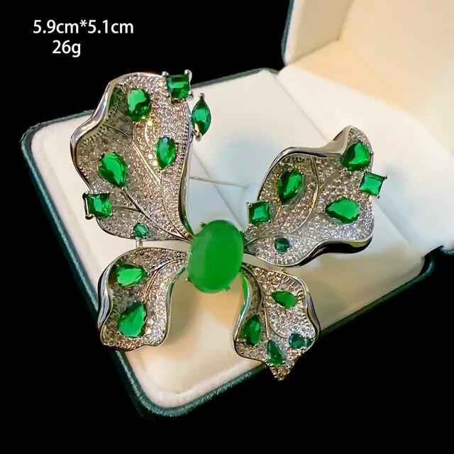 Luxury Emerald Butterfly Full Zircon Brooch Pin Temperament Elegant Rose Peony Corsage Suit Jacket Accessories Women Jewelry