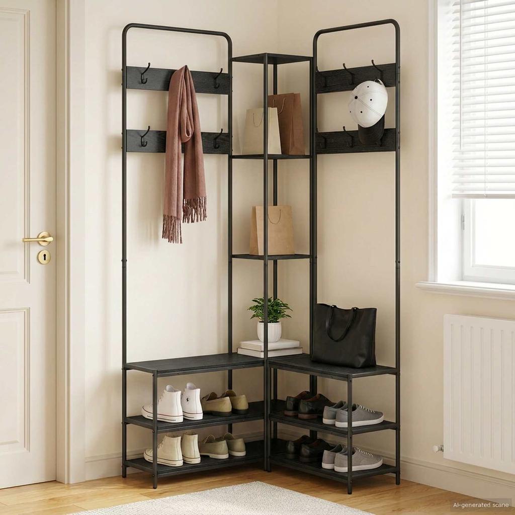 Coat Rack with Shoe Bench Black Oak Look