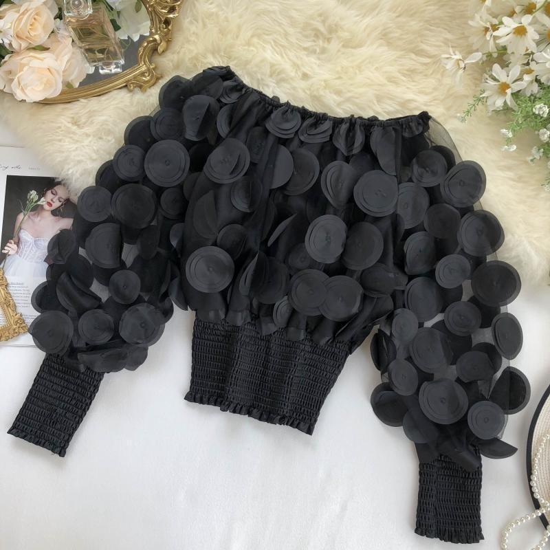 Модные 3D-цветы с рукавами-фонариками, облегающие сексуальные блузки для женщин, прозрачные сетчатые топы с вырезом-лодочкой, шифоновая рубашка для женщин, однотонная повседневная блузка с открытыми плечами 26475