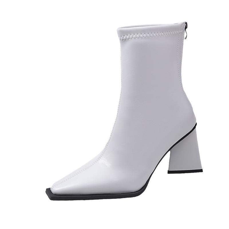 Short boots women's high heels 2024 autumn and winter new velvet thick heel French small ankle boots rear zipper elastic pointed thin boots