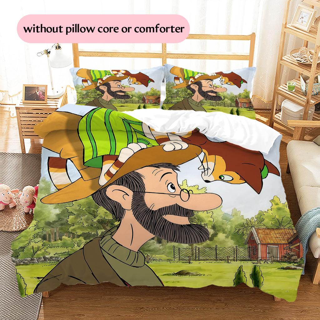 Pettson and Findus2 Pattern Bedding Quilt Set Home Decoration Gift (1 * duvet cover + 2 * pillowcase without core)