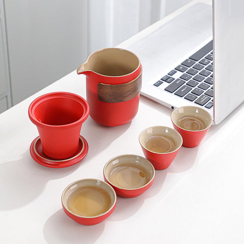 Black pottery travel tea set, one pot and four cups, outdoor car portable express cup business gift set printing