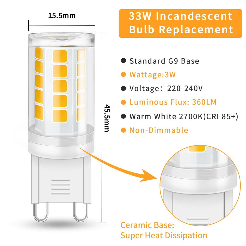 Светодиодная лампа G9, теплый белый цвет 2700 К, лампочка G9 360 люмен, без мерцания, без регулировки яркости, энергосберегающая маленькая лампочка G9