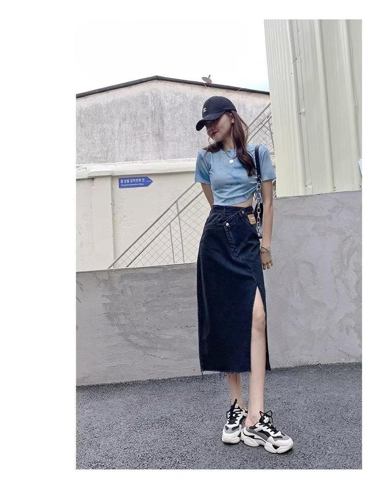 Женская джинсовая юбка А-силуэта с высокой талией и разрезом сбоку - Лето 2023 г.