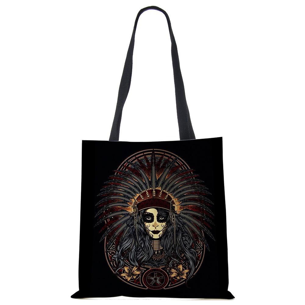 Темно-черная льняная сумка-тоут с крутым принтом черепа, экологичная многоразовая сумка для женщин, для путешествий, школы, на плечо, складная KTY