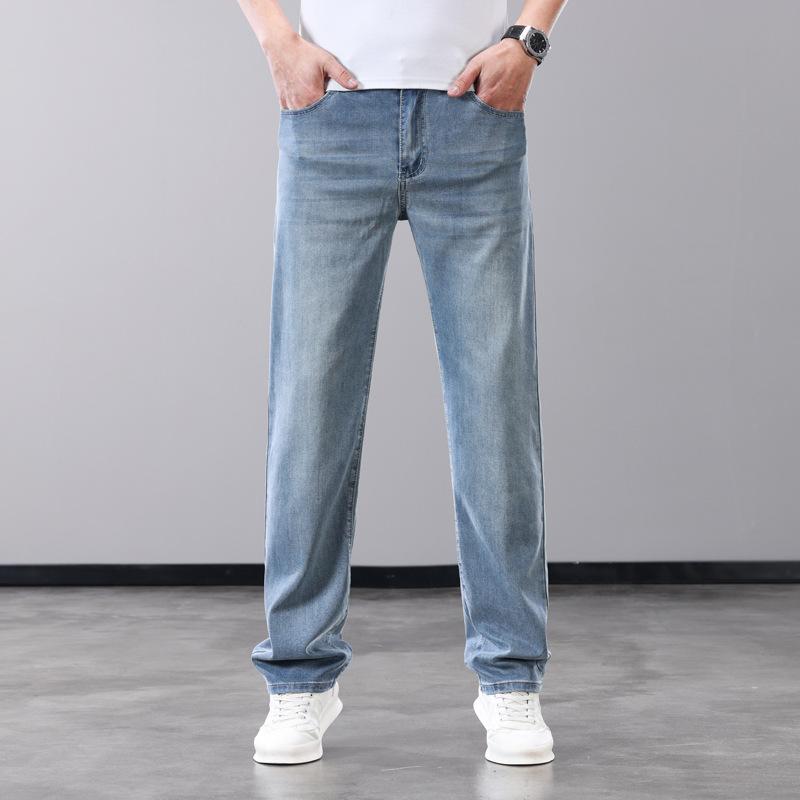 Летние тонкие мужские джинсы из ткани лиоцелл, мягкие, дышащие, прямые джинсовые брюки, брендовые мужские эластичные брюки из ледяного шелка, повседневные брюки, серые, синие