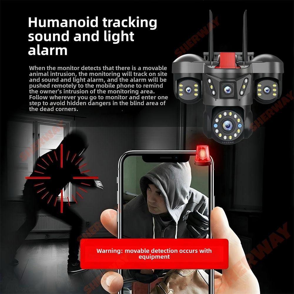 10K 20MP UHD Уличная WiFi IP-камера Четыре объектива Четыре экрана 360° 16-кратное увеличение PTZ Камера безопасности Автоматическое слежение Беспроводная система видеонаблюдения CCTV