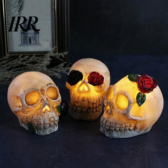 Spooky Skull Lamp Gothic Light Up Rose Flower Figurine, Day of Dead Resin Halloween Decor Statue, Skeleton Head for Desk Home