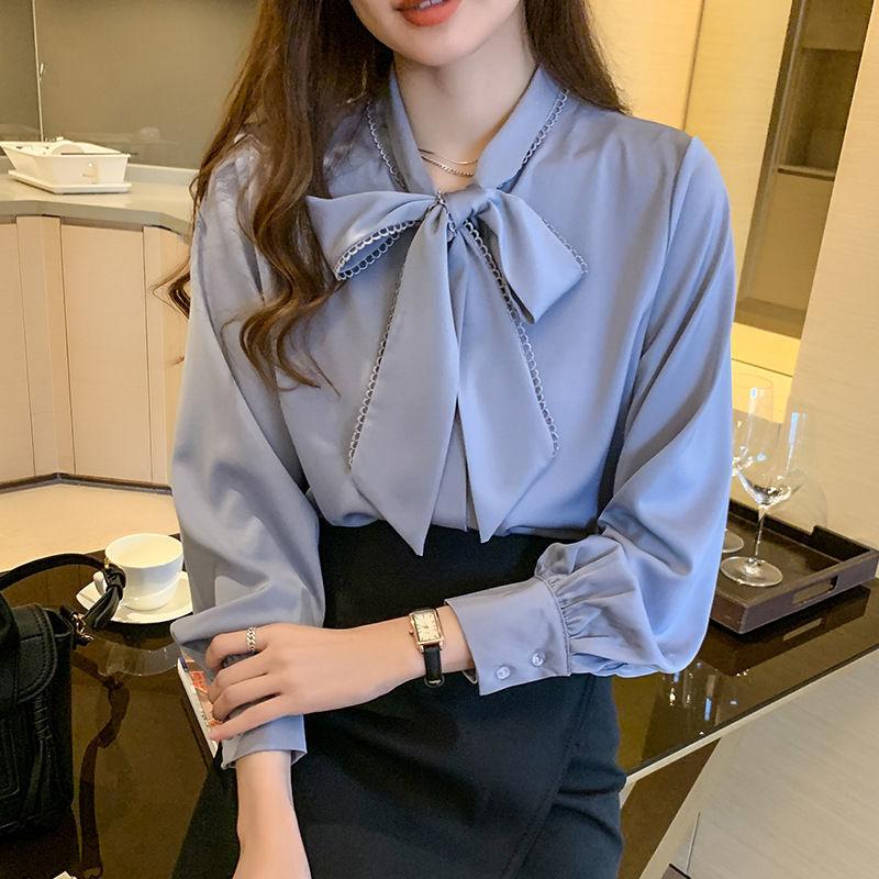 Korean Loose Tops Spring Satin Chiffon Blouse Women White Office Lady Clothes with Bow Blue Long Sleeve Shirt