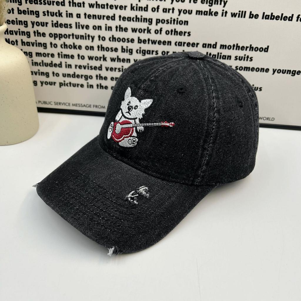 Cute bear washed denim ripped baseball cap children spring and summer sunshade showing face small wide brim couple cap