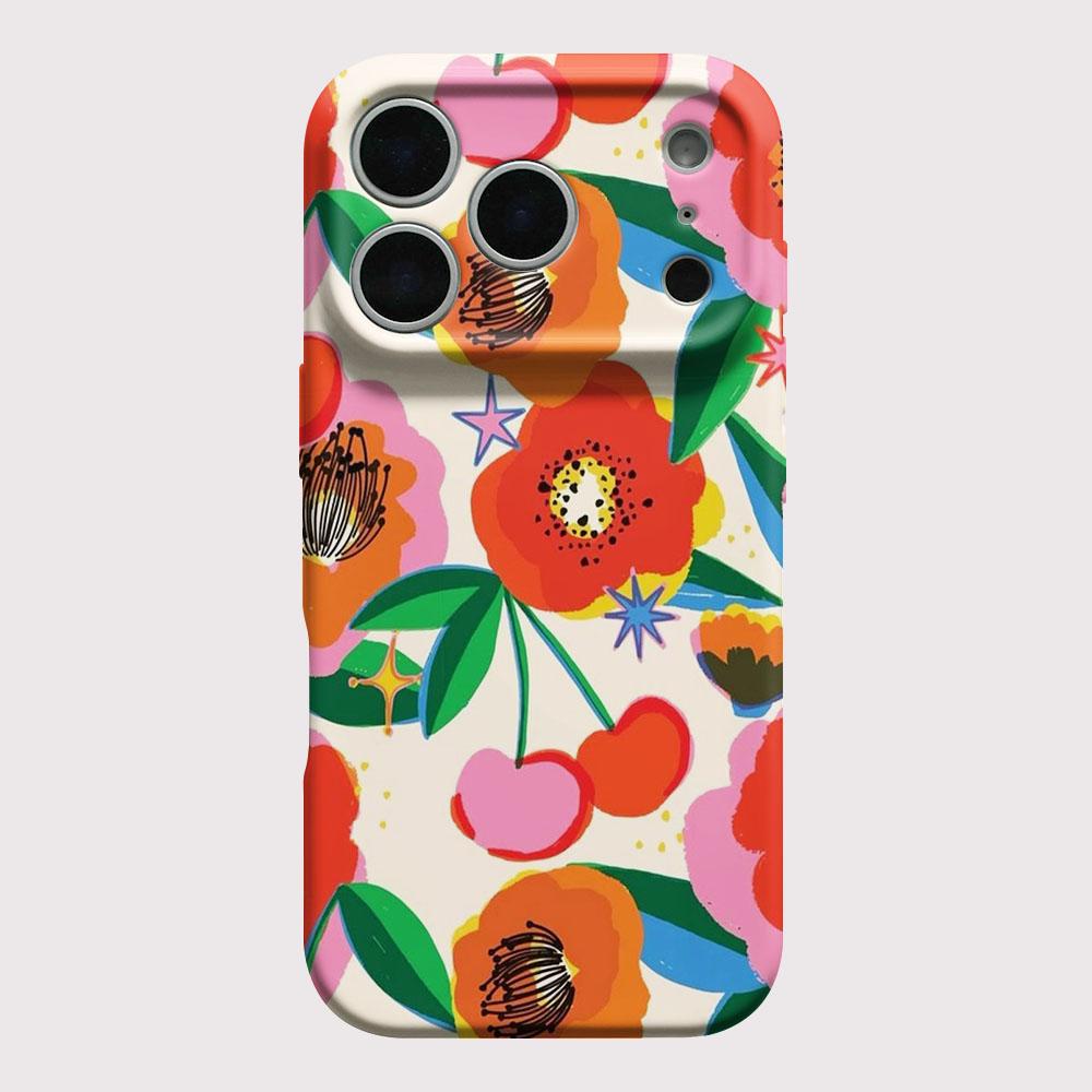 Красочный чехол для телефона с цветами и вишней для iPhone 17e 17 16e 16 15 14 13 12 11 Air Pro Max XS XR XSMax 6 7 8 Plus Глянцевая пленка Жесткий ПК