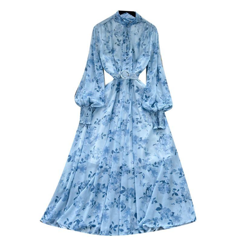 Graceful Stand Collar Breasted Silm Long Large Hem Dress