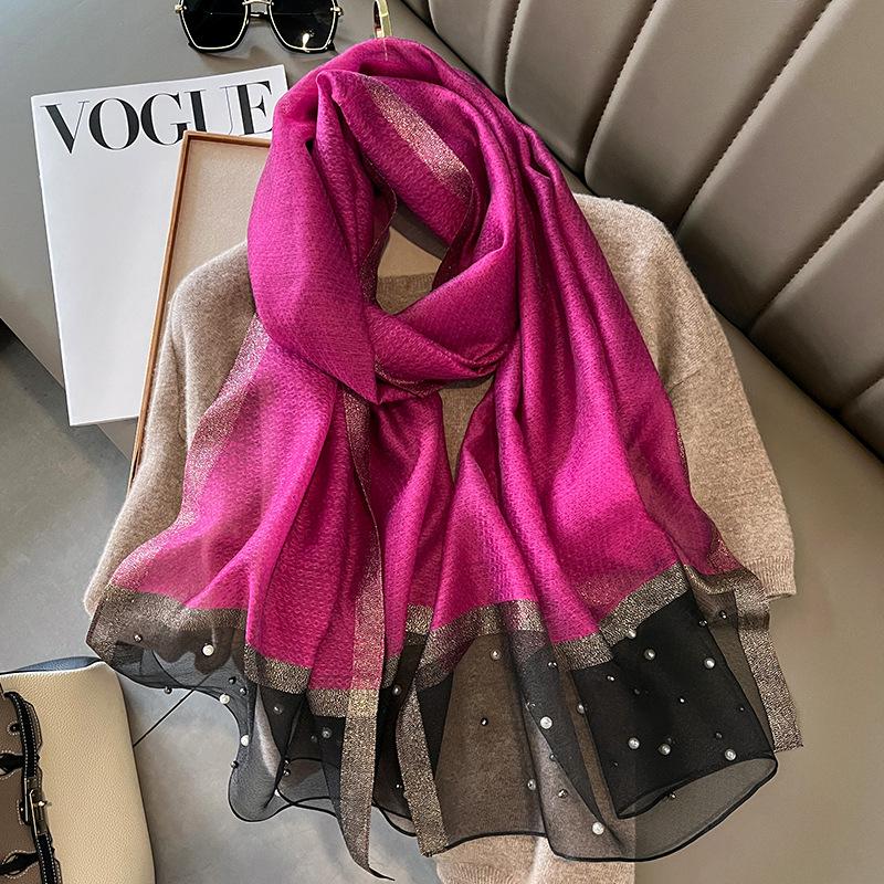 Spring/Summer Comfortable Imitation Silk Print Wraps Elegant Breathable Beaded Scarf for Women Casual Classic Breathable Shawl