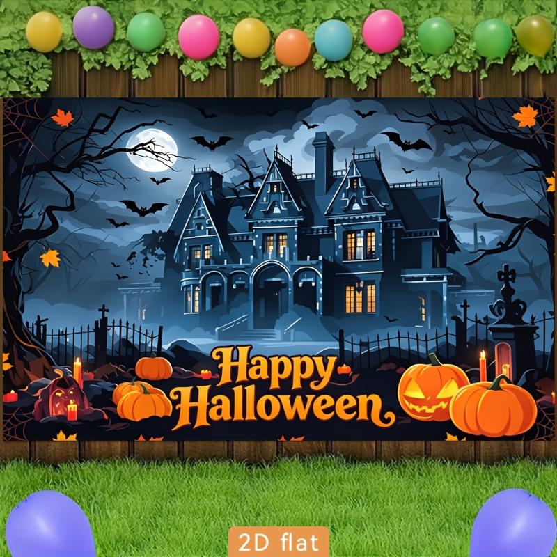 2D flat banner 1 piece of banner Ghost house in the dark Pumpkin bat Halloween night scene printed background cloth