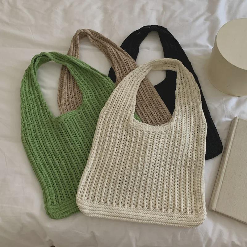 Вязаная сумка через плечо в корейском стиле Lazy Style - большая вместимость, однотонный цвет, алый дизайн, шерстяная сумка для покупок