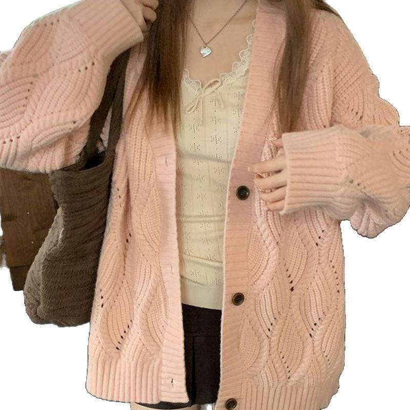 Pink Korean Style Loose Knit Cardigan Sweater Coat for Women - Autumn/Winter Solid Color