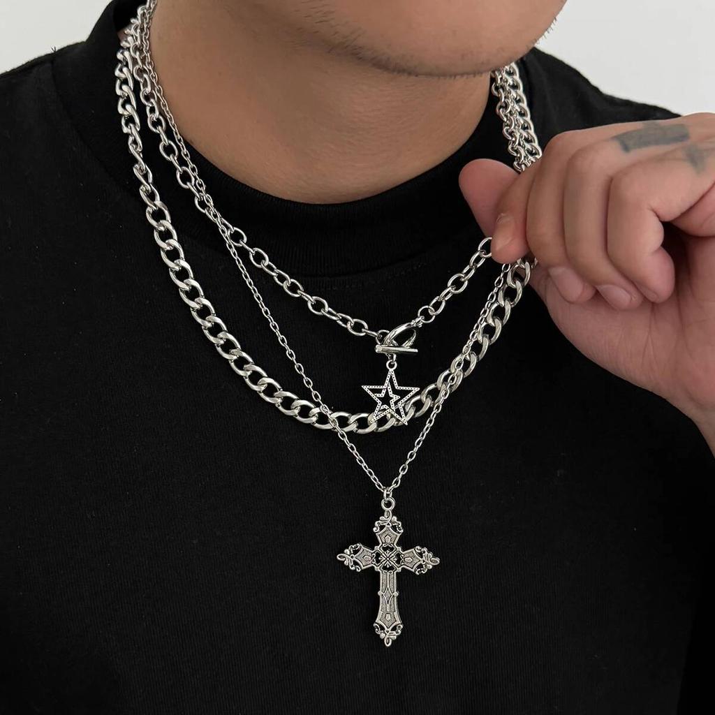 SHIXIN 3Pcs/Set Punk Style Star Jesus Cross Pendant Necklace for Men Hip Hop Stackable Multi Layer Thick Chain Choker Necklace