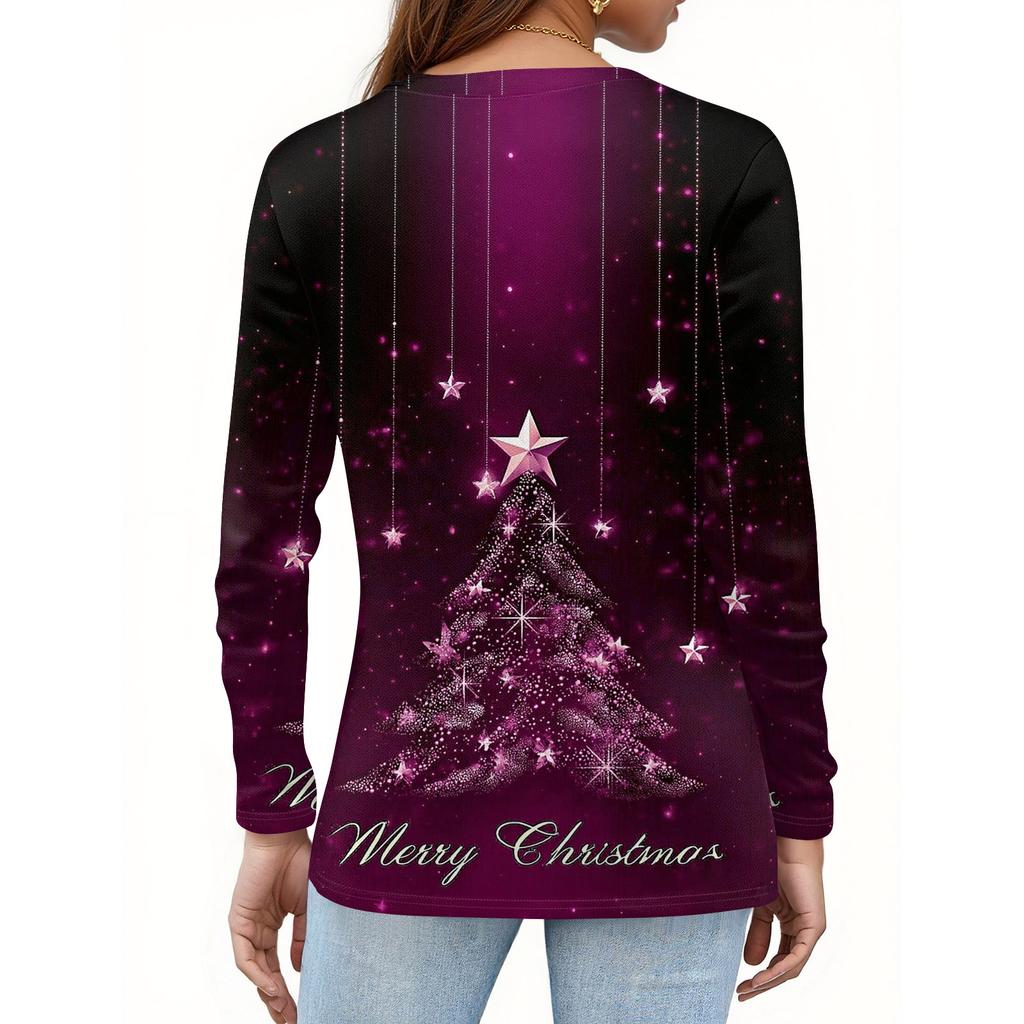 Women's Fashion Casual V-Neck Long Sleeve Decorative Button Christmas Print Top