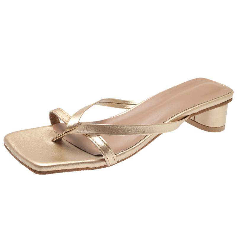 Fashion Gold Silver Clip Toe Middle Heels Sandals Women Fashion Pu Leather Square Toe Slides Woman Summer 2024 Thick Heel Sandals Female