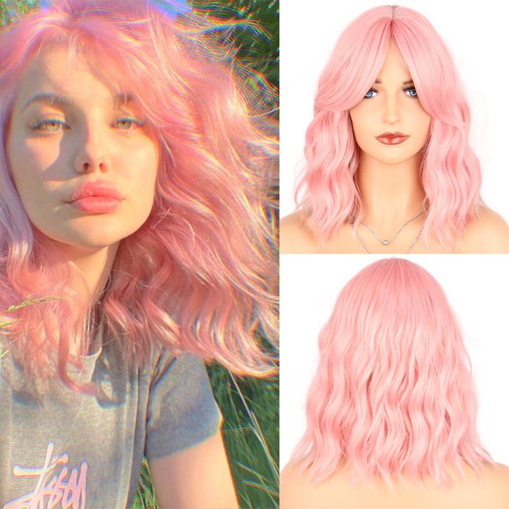 MISS WIG 14-дюймовый парик для косплея, синтетические волнистые парики Боб с челкой, натуральные волосы, розовые парики для женщин