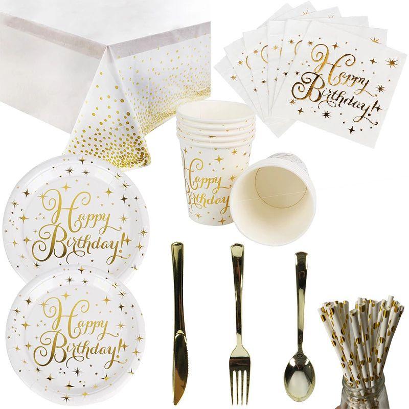 Cheerful Gold Polka Dot Stamping Happy Birthday Party Decor Supplies Disposable Tableware Collection