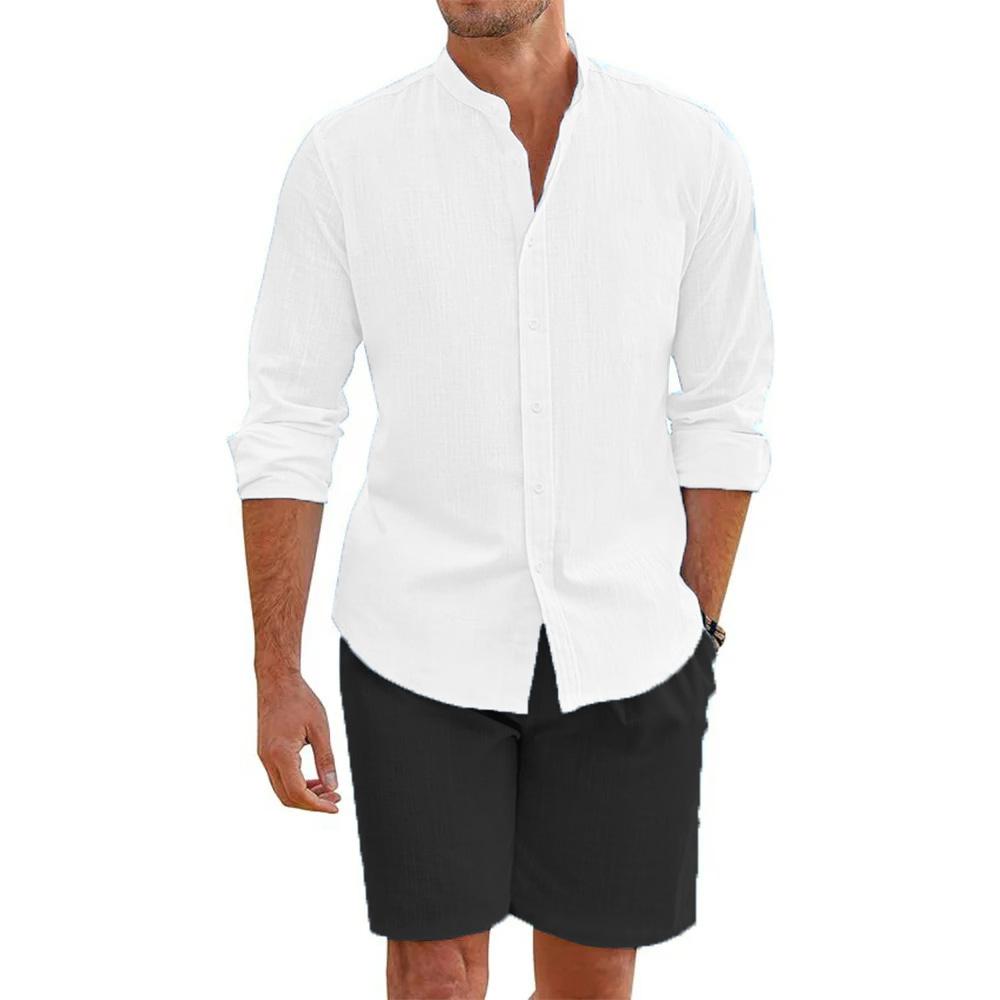 2 Pcs Sets Men's Summer Cotton Linen Shirt and Shorts Cardigan Simple Casual Beach Shirts Comfortable Hawaiian Wear