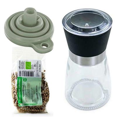 Мельница для специй, воронка и органические семена кориандра
