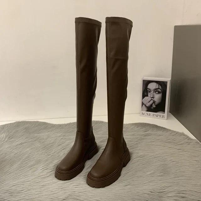 Модные женские сапоги выше колена, высокие сапоги на толстой подошве, зимние женские сапоги выше колена на платформе и каблуке, женская обувь 2024 года