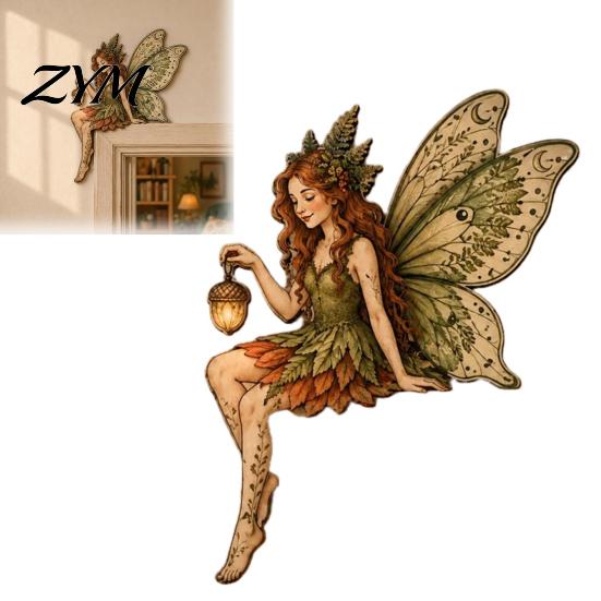 Boxwood Fairy Figurine Wooden Door Topper, Winged Woodland Corner Handcrafted Decor Frame Sign for Living Room Bedroom Entryway Home Flower Ornament