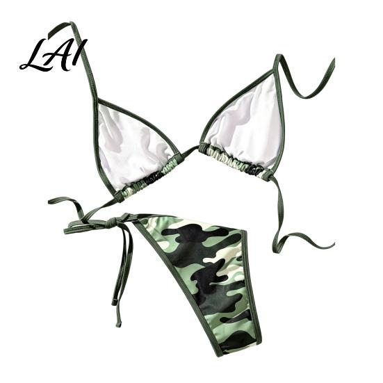 Bikini Set 2Pcs/Set for Women Adjustable Straps Swim Briefs with Side Laces Summer Swimsuit Hanging Neck Triangle Cup No Steel Ring Bra Camouflage