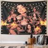 Collage of a woman with fiery accents, chains, and glowing overlays. Patterned tapestry for bedroom and living room home decor
