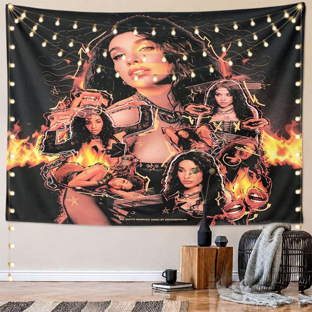 Collage of a woman with fiery accents, chains, and glowing overlays. Patterned tapestry for bedroom and living room home decor