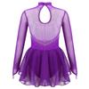Платье для фигурного катания для девочек с открытой спиной, блестящими стразами, сетчатой вставкой, длинным рукавом, балетный гимнастический купальник