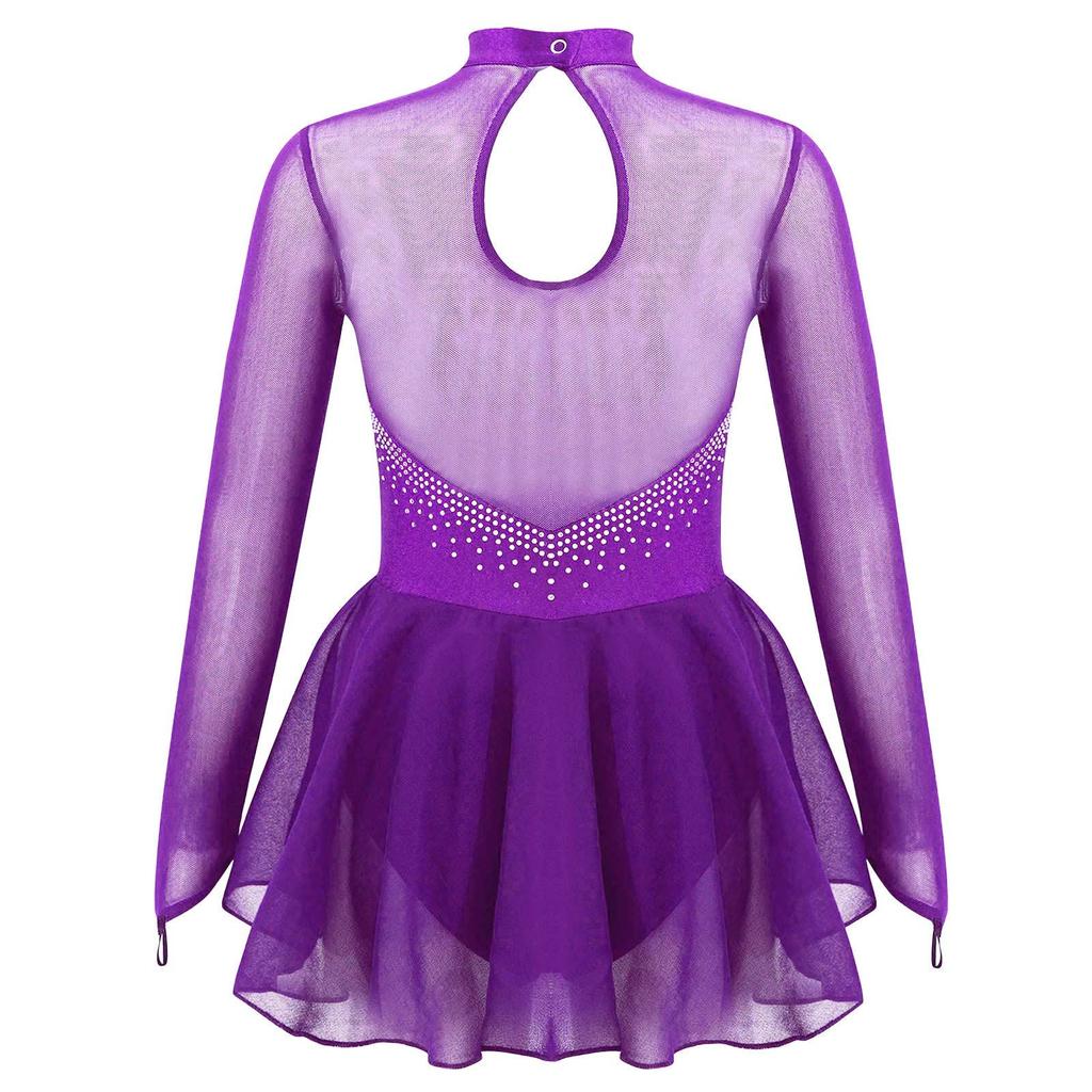 Платье для фигурного катания для девочек с открытой спиной, блестящими стразами, сетчатой вставкой, длинным рукавом, балетный гимнастический купальник
