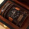 Men Watch Luxury Bracelet Set Fashion Business Brown Leather Quartz Wrist Watches For Men Gift Set